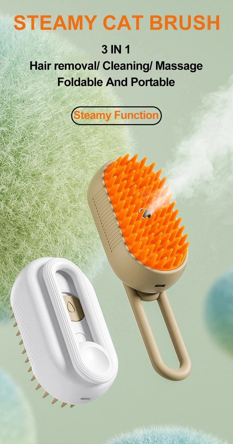 3‑in‑1 Electric Pet Steam Brush, One‑Click Spray for Floating Hair Removal