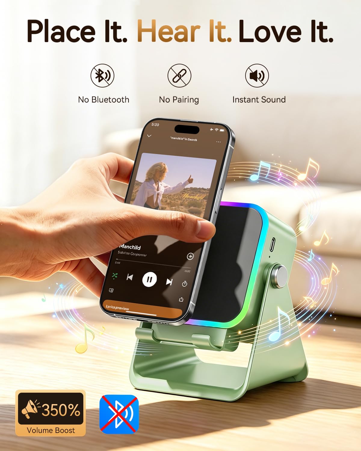 5‑in‑1 Inductive Phone Speaker Stand, No‑Pairing Instant Sound Desktop Phone Holder with RGB Ambient Light, Adjustable Angle Smartphone Stand for Desk