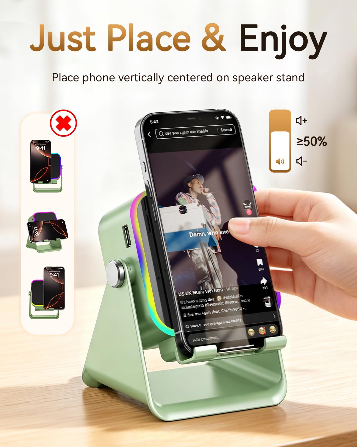 5‑in‑1 Inductive Phone Speaker Stand, No‑Pairing Instant Sound Desktop Phone Holder with RGB Ambient Light, Adjustable Angle Smartphone Stand for Desk