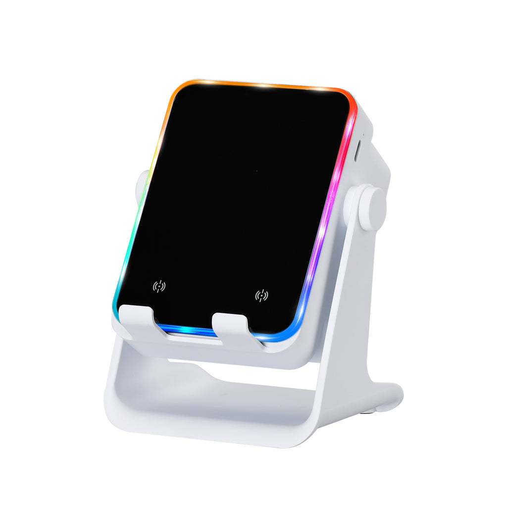 5‑in‑1 Inductive Phone Speaker Stand, No‑Pairing Instant Sound Desktop Phone Holder with RGB Ambient Light, Adjustable Angle Smartphone Stand for Desk