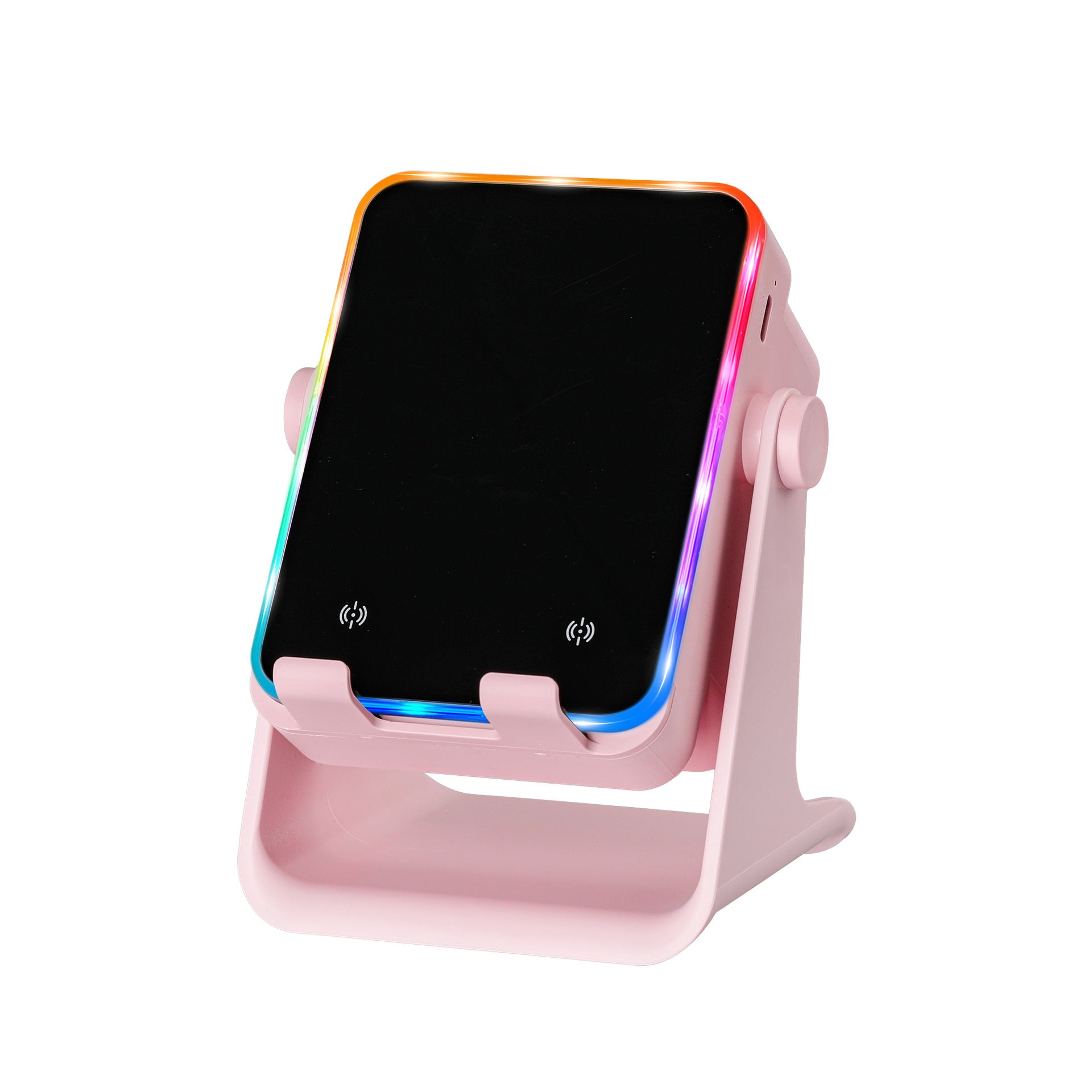5‑in‑1 Inductive Phone Speaker Stand, No‑Pairing Instant Sound Desktop Phone Holder with RGB Ambient Light, Adjustable Angle Smartphone Stand for Desk