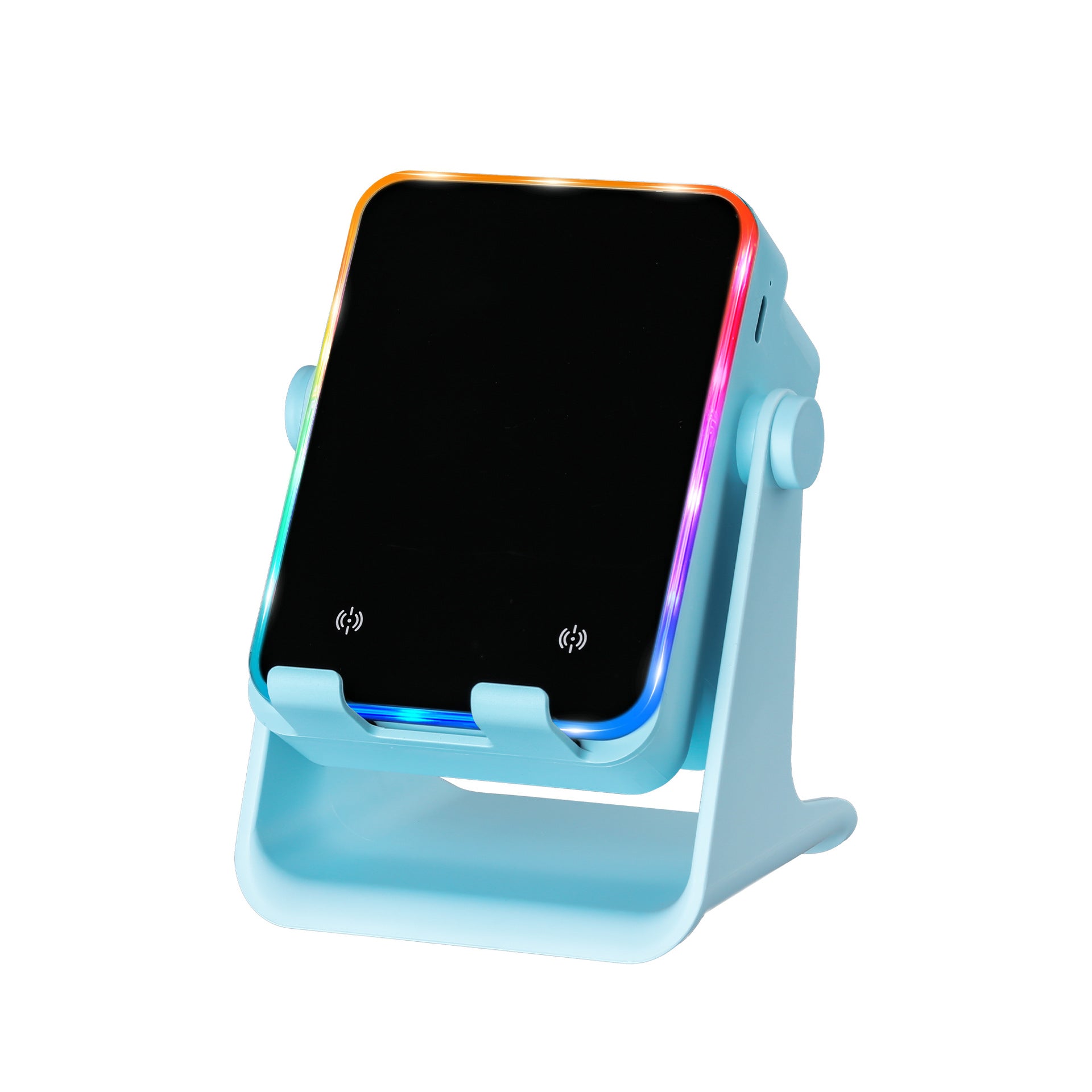 5‑in‑1 Inductive Phone Speaker Stand, No‑Pairing Instant Sound Desktop Phone Holder with RGB Ambient Light, Adjustable Angle Smartphone Stand for Desk