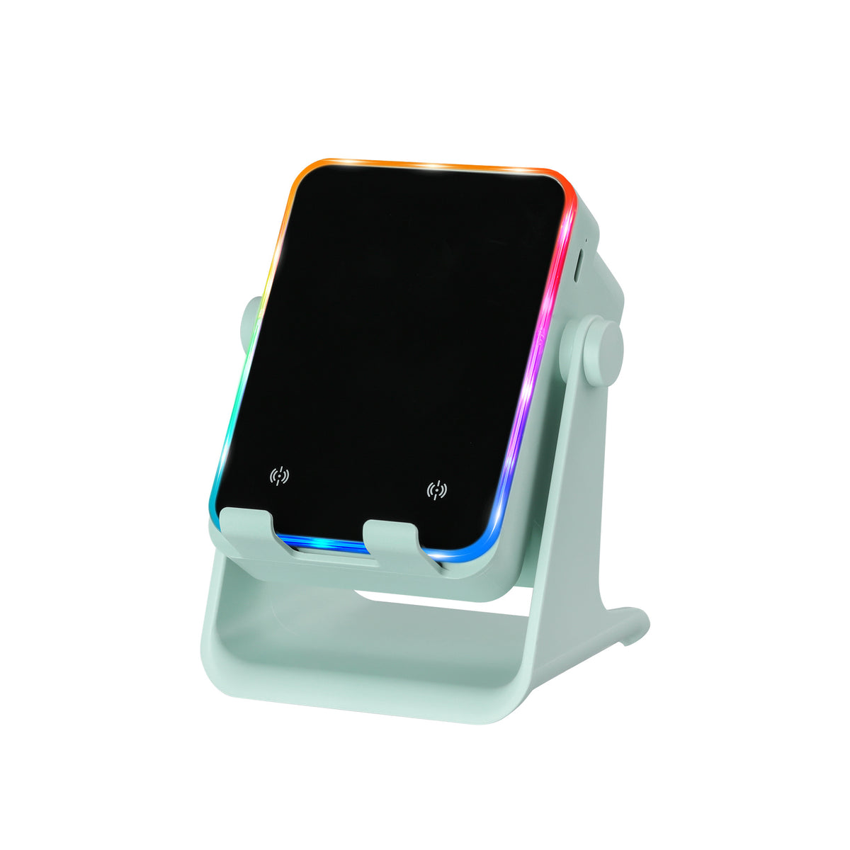 5‑in‑1 Inductive Phone Speaker Stand, No‑Pairing Instant Sound Desktop Phone Holder with RGB Ambient Light, Adjustable Angle Smartphone Stand for Desk